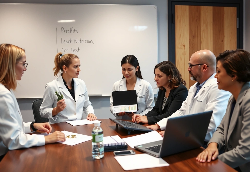 Groupe de nutritionnistes collaborant sur des formulations de compléments
