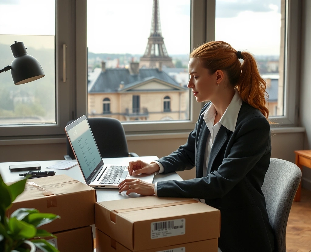 Illustration d'une personne remplissant un formulaire de livraison en ligne avec des boîtes d'expédition et des champs d'adresse visibles