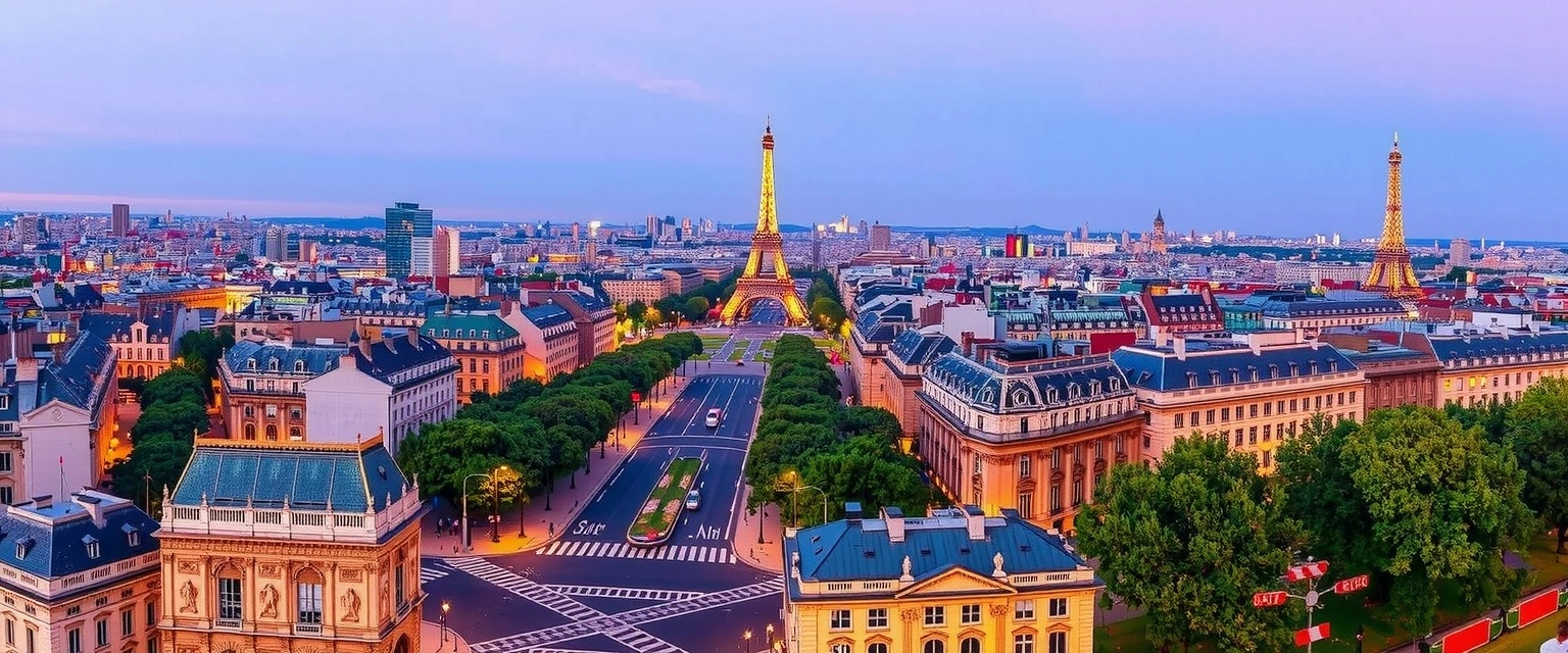 Image panoramique de Paris centrée sur les Champs-Élysées