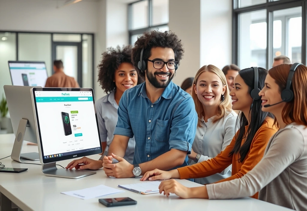 Équipe de support client souriante aidant un client avec un retour de produit